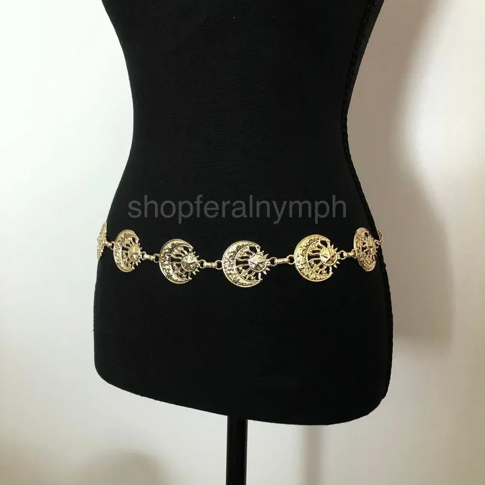 Vintage Y2K Celestial Gold Sun and Moon Chain Belt, Up to 40 Inches, X7GA1147